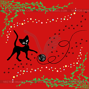 Black cat playing with ball of yarn - vector clipart