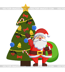 Gluckliche Sankt Stehende Tasche Nahe Verziertem Weihnachtsbaum Vektor Clipart Vektor Bild