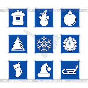 New Year Christmas blue icon set - vector image