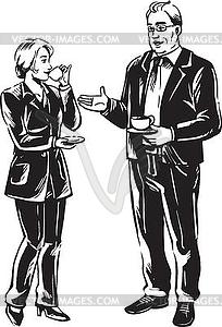 Two businesspeople enjoying coffee break - vector clipart