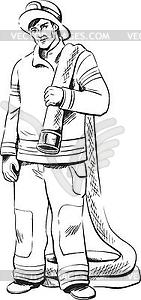 Fireman with fire hose - white & black vector clipart