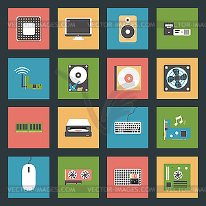 Computer peripherals and parts flat icons set - vector EPS clipart