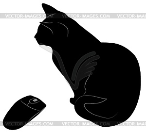 Черная кошка и мышь - черно-белый векторный клипарт