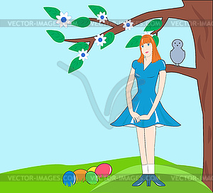 Girl under tree with Easter eggs - vector image