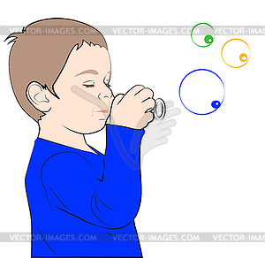 Little boy blowing soap bubbles - vector clipart