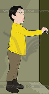 Little boy opens door - vector clipart