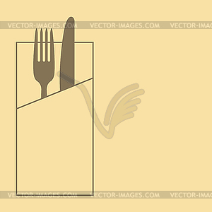 Knife, fork and napkin on yellow background - vector clipart