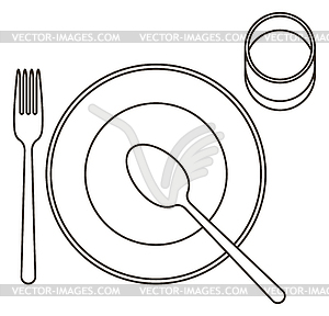 Place setting with plate, spoon, fork and glass - vector image