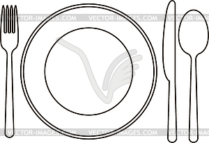 Plate, knife, spoon and fork - vector clipart