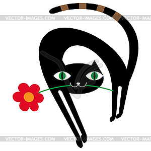 Черная кошка с цветком - изображение в векторном виде