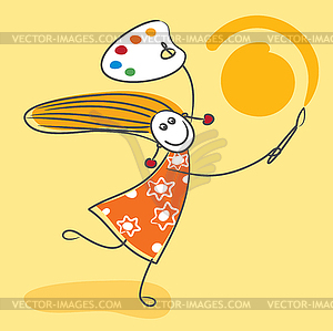 Happy little girl drawing sun - stock vector clipart