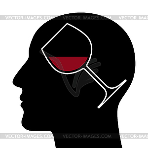 SIlhouette of head with red wine glass - vector clipart