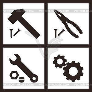 Pliers, hammer, wrench and gears icons - white & black vector clipart