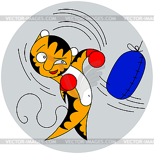 Cartoon cute young tiger beats bag of martial arts - vector image