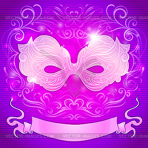 Greeting card with purple mask and ribbon for - vector image