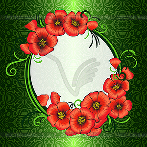 Frame with red poppies and green damask patterned - vector clip art