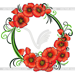 Floral frame with red poppies and green swirls - vector clipart