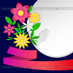 Card with simple flowers, frames and ribbon - royalty-free vector clipart