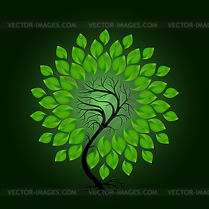 Tree with green leafage on dark green background - vector image