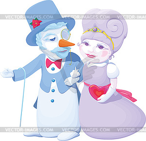 Pair of cartoon characters snowman and snow maiden - vector clip art