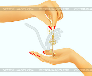 Golden key in hand - vector clip art