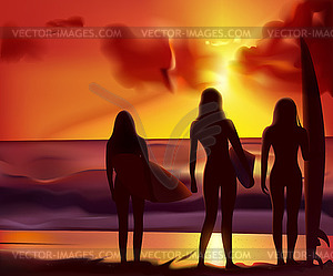 Girls and surfing - vector EPS clipart