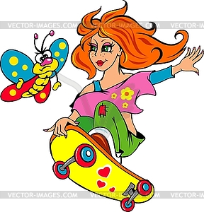 Pretty young fashionable teenager girl on skateboard - vector image