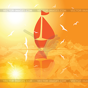 Yacht in the open sea at sunset. - vector clipart