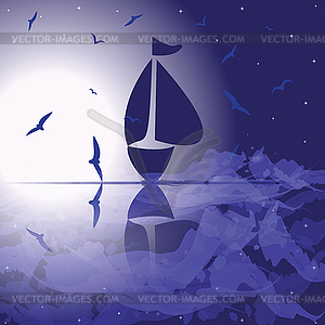 Yacht in the open sea at night. - vector clip art