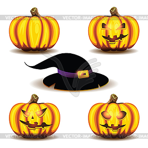 Halloween pumpkins and hat. - vector image