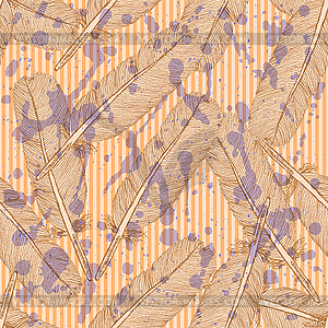 Sketch feather, vintage seamless pattern - vector clip art