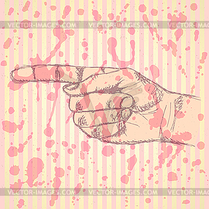 Pointing hand, background in sketch style - vector image