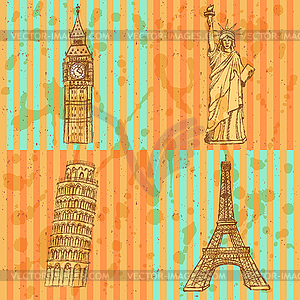 Sketch Eifel tower, Pisa tower, Big Ben and Statue - vector clipart