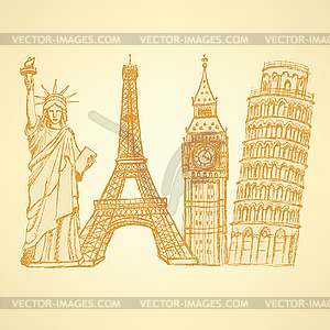 Sketch Eifel tower, Pisa tower, Big Ben and Statue - vector clip art