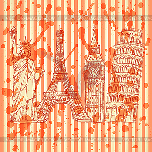 Эскиз Эйфелевой башни, Пизанская башня, Биг Бен и Статуя - графика в векторном формате