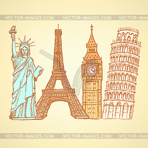 Sketch Eifel tower, Pisa tower, Big Ben and Statue - vector clipart