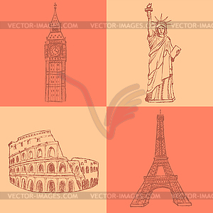 Sketch Eifel tower, Coliseum, Big Ben and Statue - vector clipart