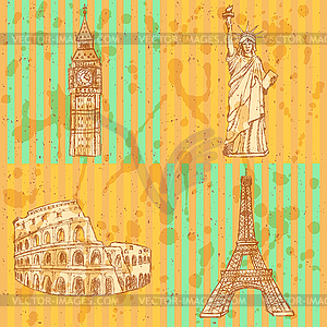 Sketch Eifel tower, Coliseum, Big Ben and Statue - vector image