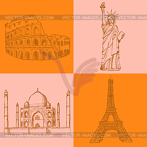 Sketch Eiffel tower, Coliseum,Taj Mahal and Statue - vector image