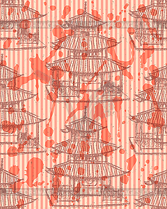 Sketch Chinese temple, seamless pattern - vector clip art