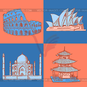 Sketch Chinese temple, Coliseum,Taj Mahal and Sydne - vector image