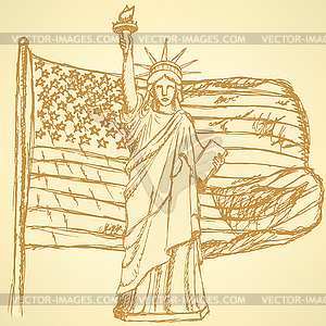 Sketch USA flag and Statue of Liberty, background - vector clipart