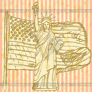 Sketch USA flag and Statue of Liberty, background - vector clip art