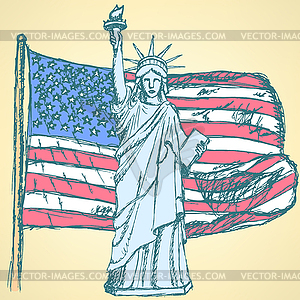 Sketch USA flag and Statue of Liberty, background - vector clipart / vector image