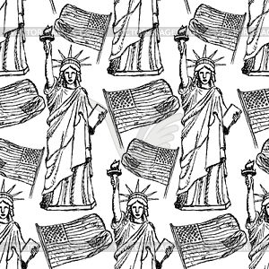 Sketch Statue of Liberty and flag, seamless pattern - vector image