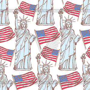 Sketch Statue of Liberty and flag, seamless pattern - vector clip art