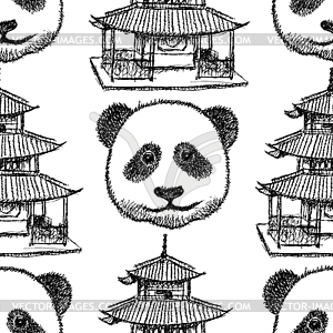 Sketch Chinese temple and panda, seamless pattern - vector clip art