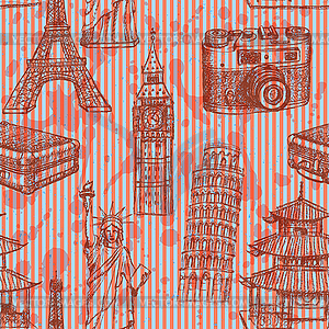 Sketch Eiffel tower, Pisa tower, Big Ben, suitecase - vector clipart / vector image