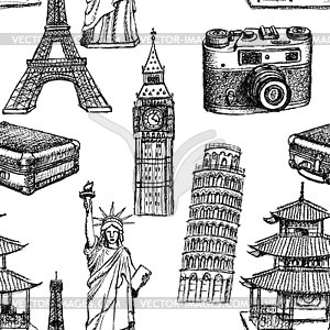 Sketch Eiffel tower, Pisa tower, Big Ben, suitecase - vector image