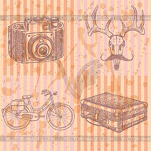 Sketch deer with mustache, suitecase, bicycle and - vector image